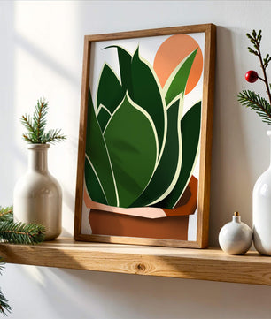 Ilustración contemporánea de una planta serpiente con fondo de amanecer
