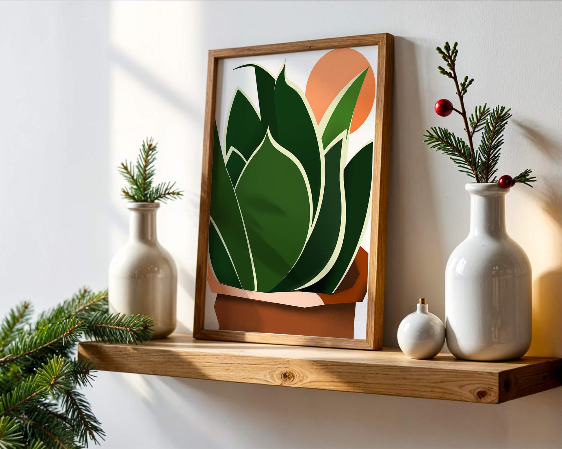 Ilustración contemporánea de una planta serpiente con fondo de amanecer
