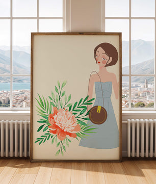 Ilustración de una mujer en vestido azul con diseño floral