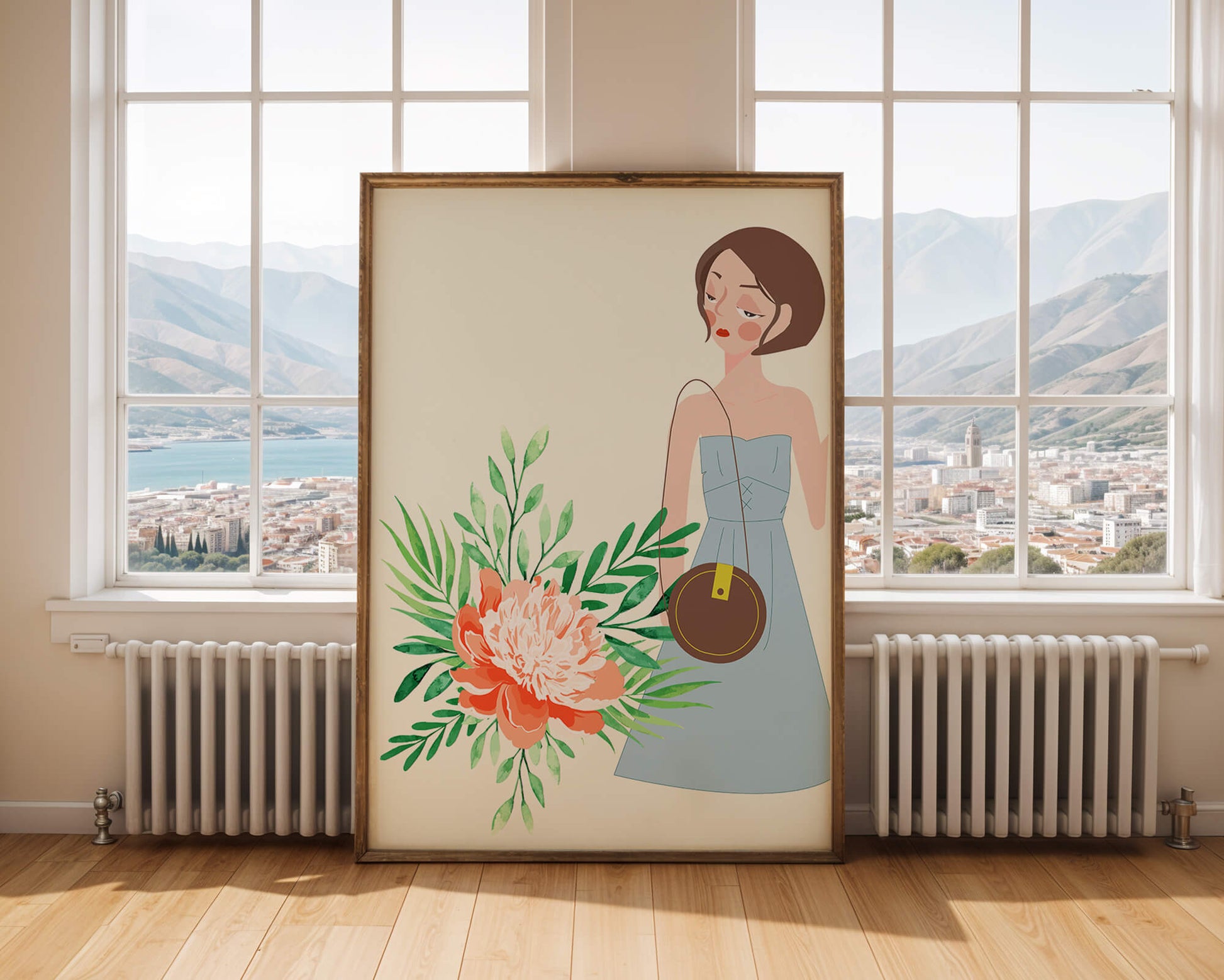Ilustración de una mujer en vestido azul con diseño floral