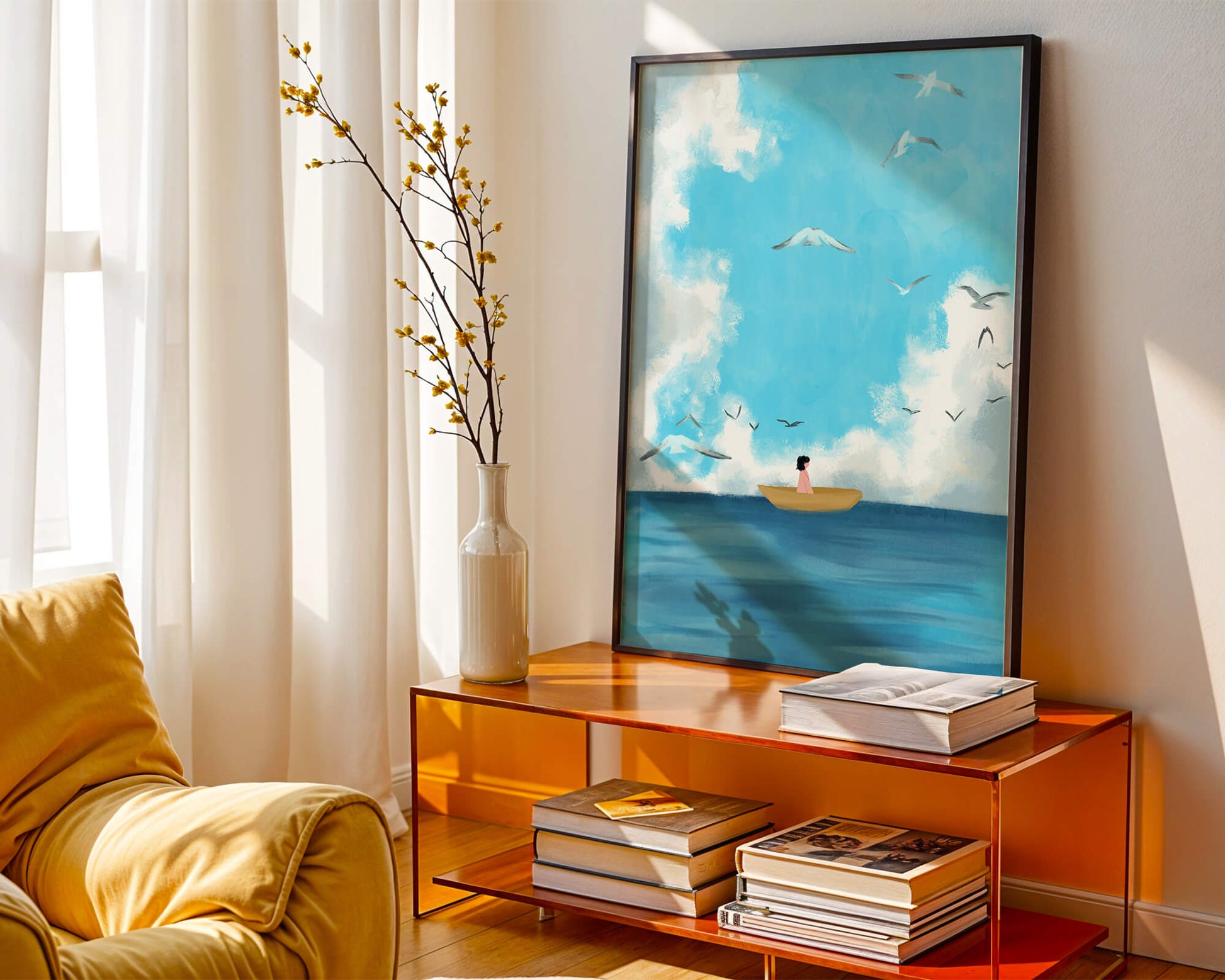Peaceful seascape illustration with a boat and birds