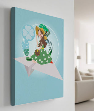 Mujer en un avión de papel con fondo de tema tropical