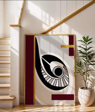 Arte geométrico abstracto con motivo de ojo y detalles dorados
