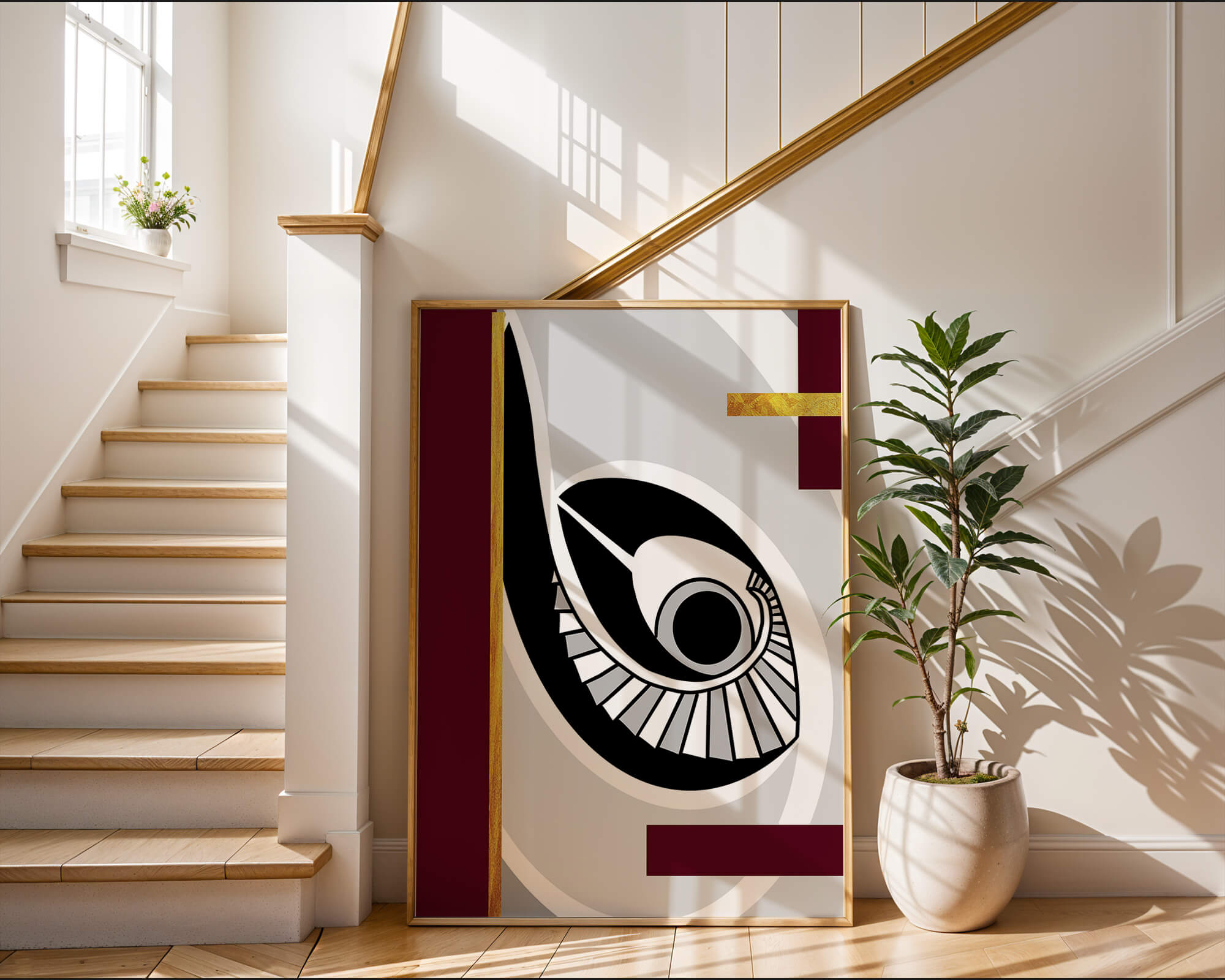 Arte geométrico abstracto con motivo de ojo y acentos dorados