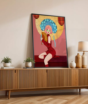 Elegante Illustration einer Frau in traditioneller Kleidung mit einem Fächer