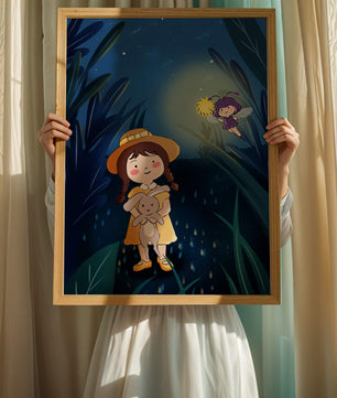Ilustración de una chica en un bosque con una luciérnaga mágica por la noche