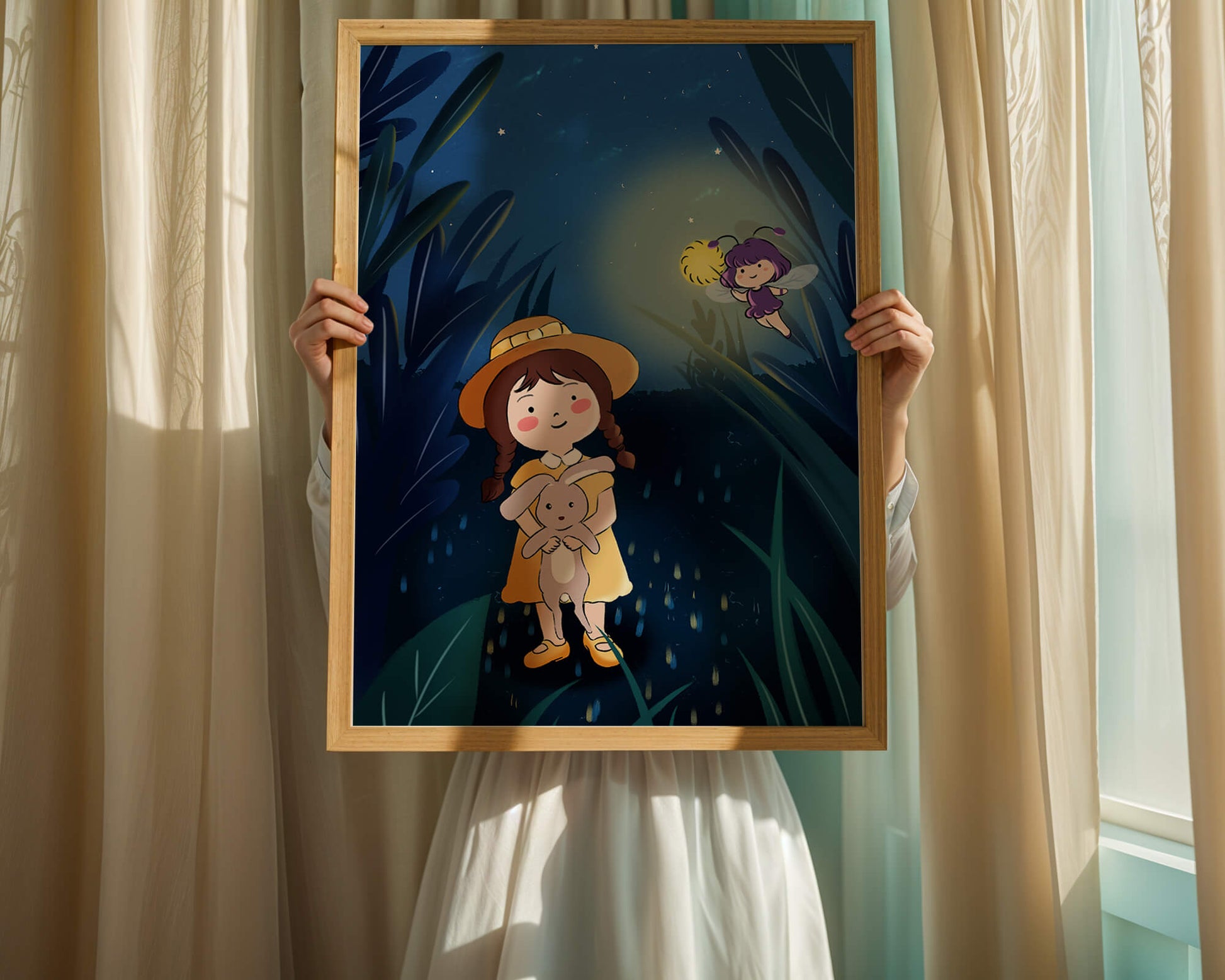 Ilustración de una chica en un bosque con una luciérnaga mágica por la noche