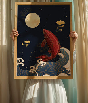 Ilustración artística de peces koi saltando sobre las olas bajo la luz de la luna