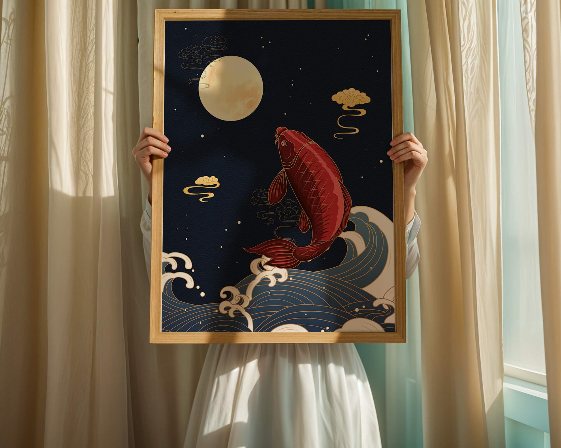 Artistic illustration of koi fish jumping over waves under moonlight