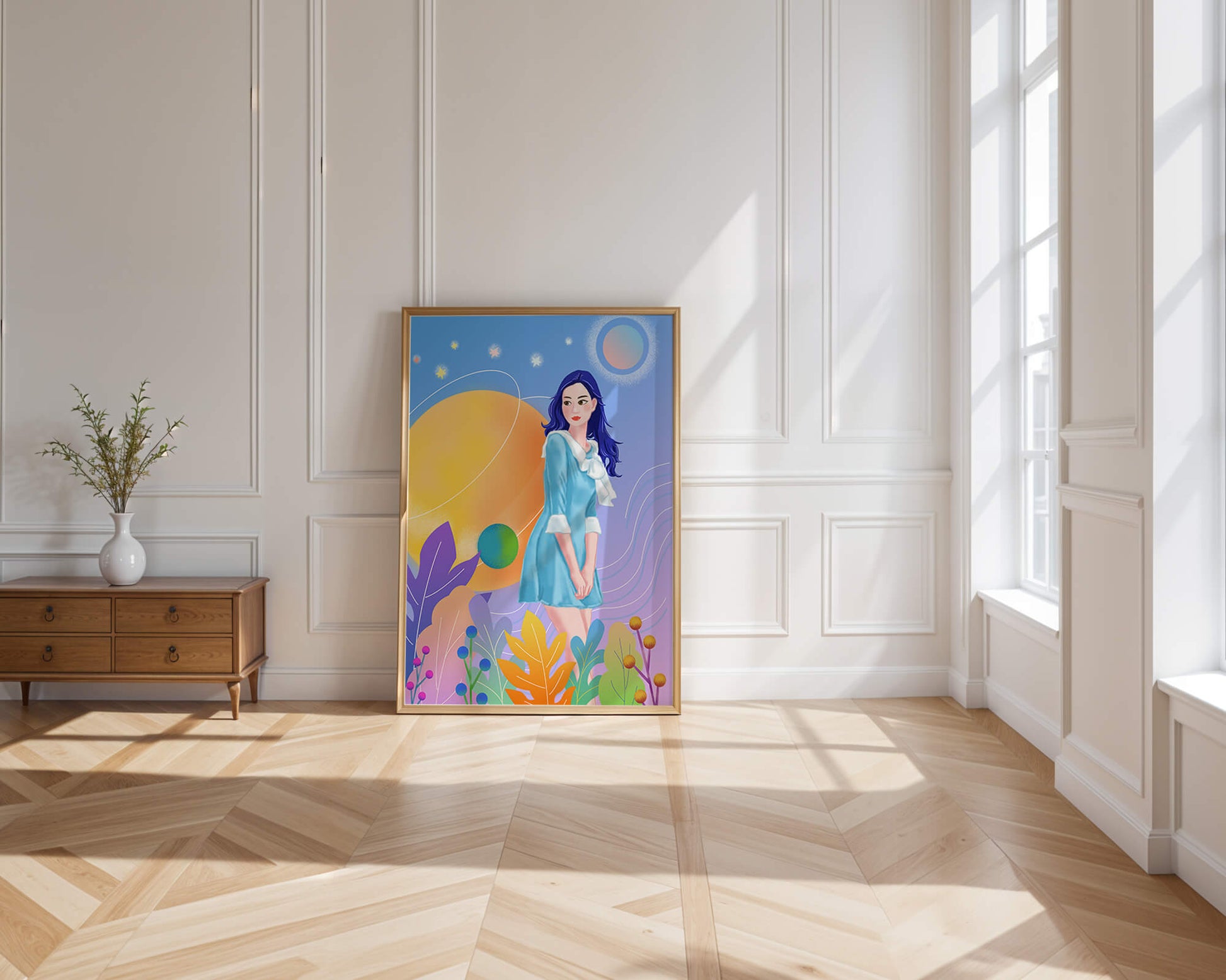 Ilustración de fantasía de una mujer en un jardín cósmico con colores vibrantes