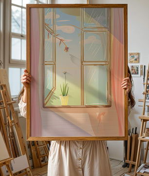 Tranquil open window with floral view and gentle sunlight