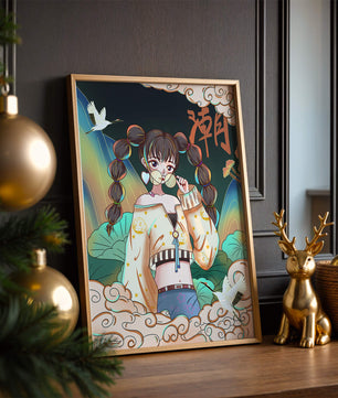 Anime girl with glasses surrounded by nature and cranes