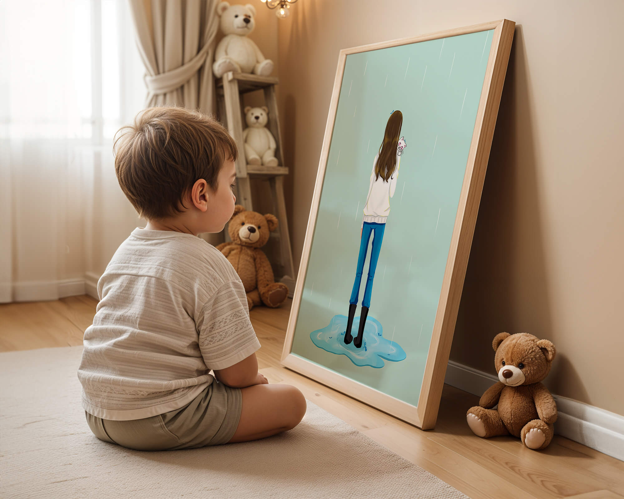 Young woman with cat in the rain