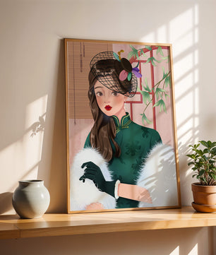 Elegant woman in vintage attire with netted hat and floral elements