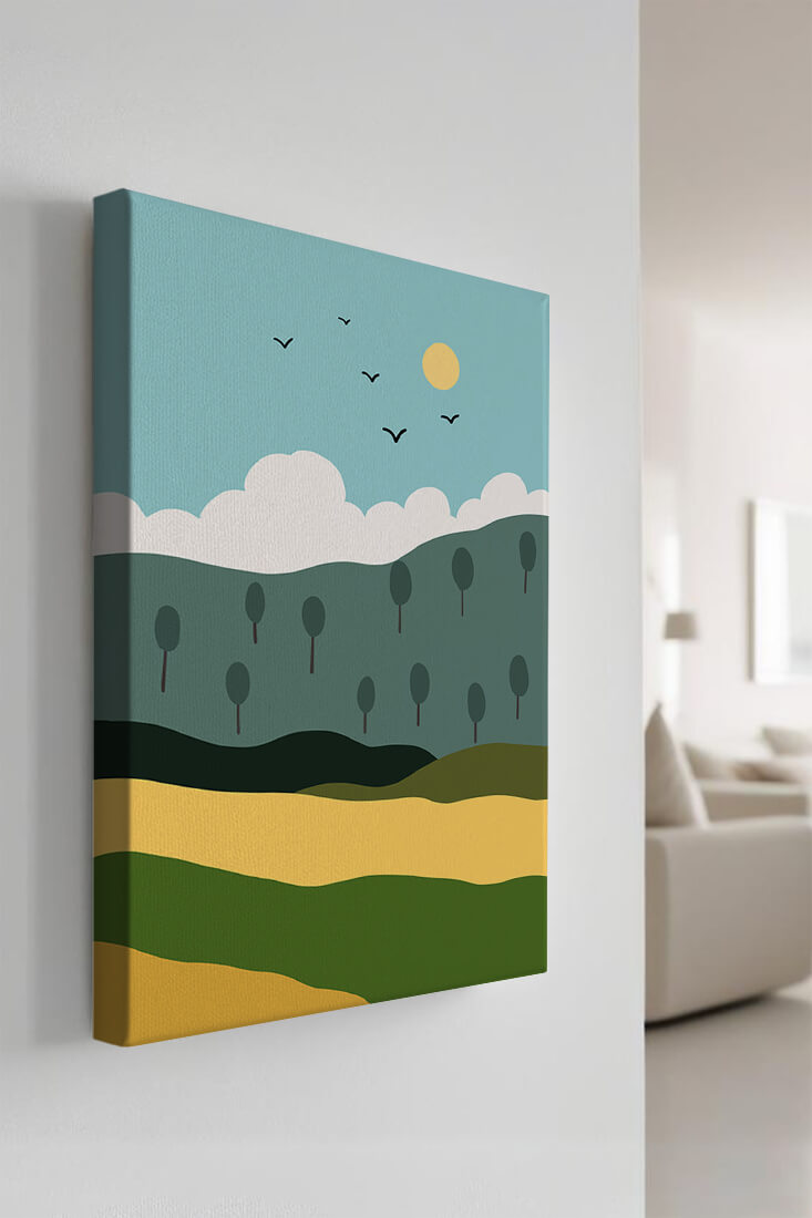 Minimalist Landscape with Hills and Sun