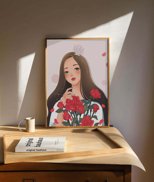 Illustration d'une fille animée avec une couronne et des roses