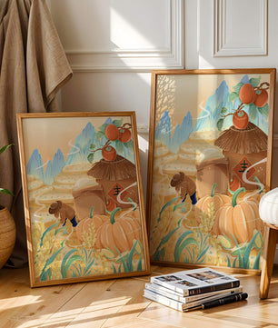 Pastoral landscape with pumpkins and farmer in rice fields