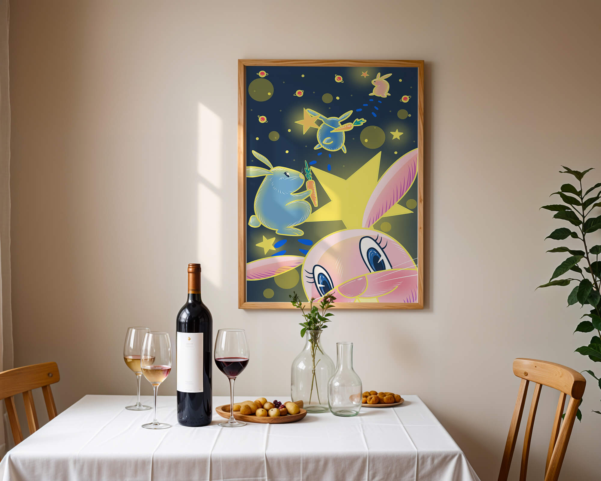 Playful bunnies with carrots and stars in a whimsical space scene