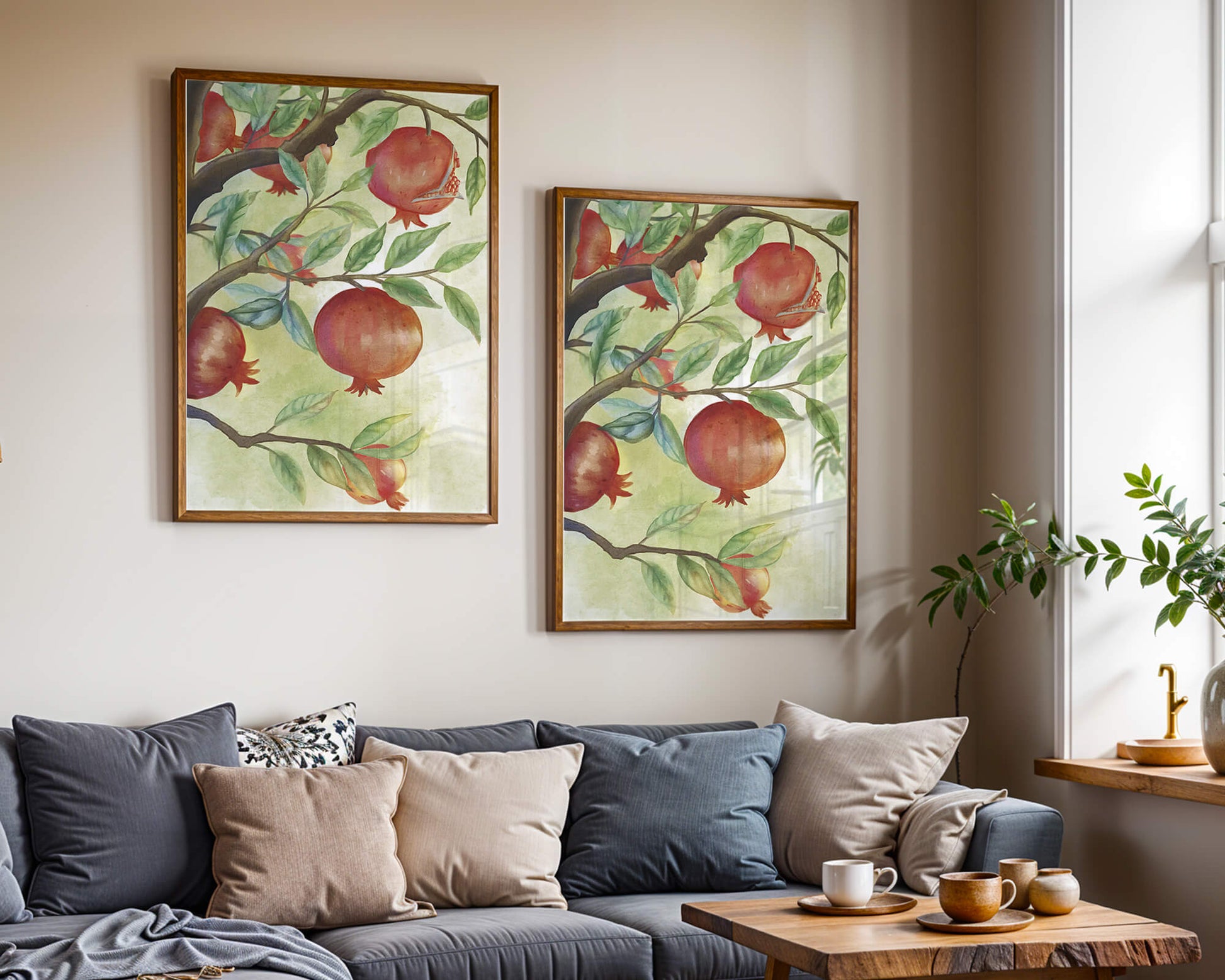Watercolor illustration of pomegranates on a branch with leaves