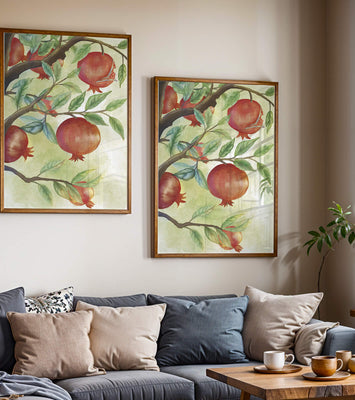 Watercolor illustration of pomegranates on a branch with leaves