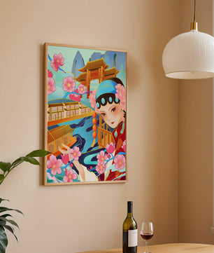 Traditional Asian art with cherry blossoms and architecture