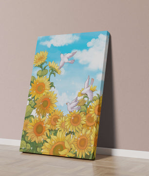 Friedliche Szene mit Sonnenblumen und Tauben unter einem strahlend blauen Himmel