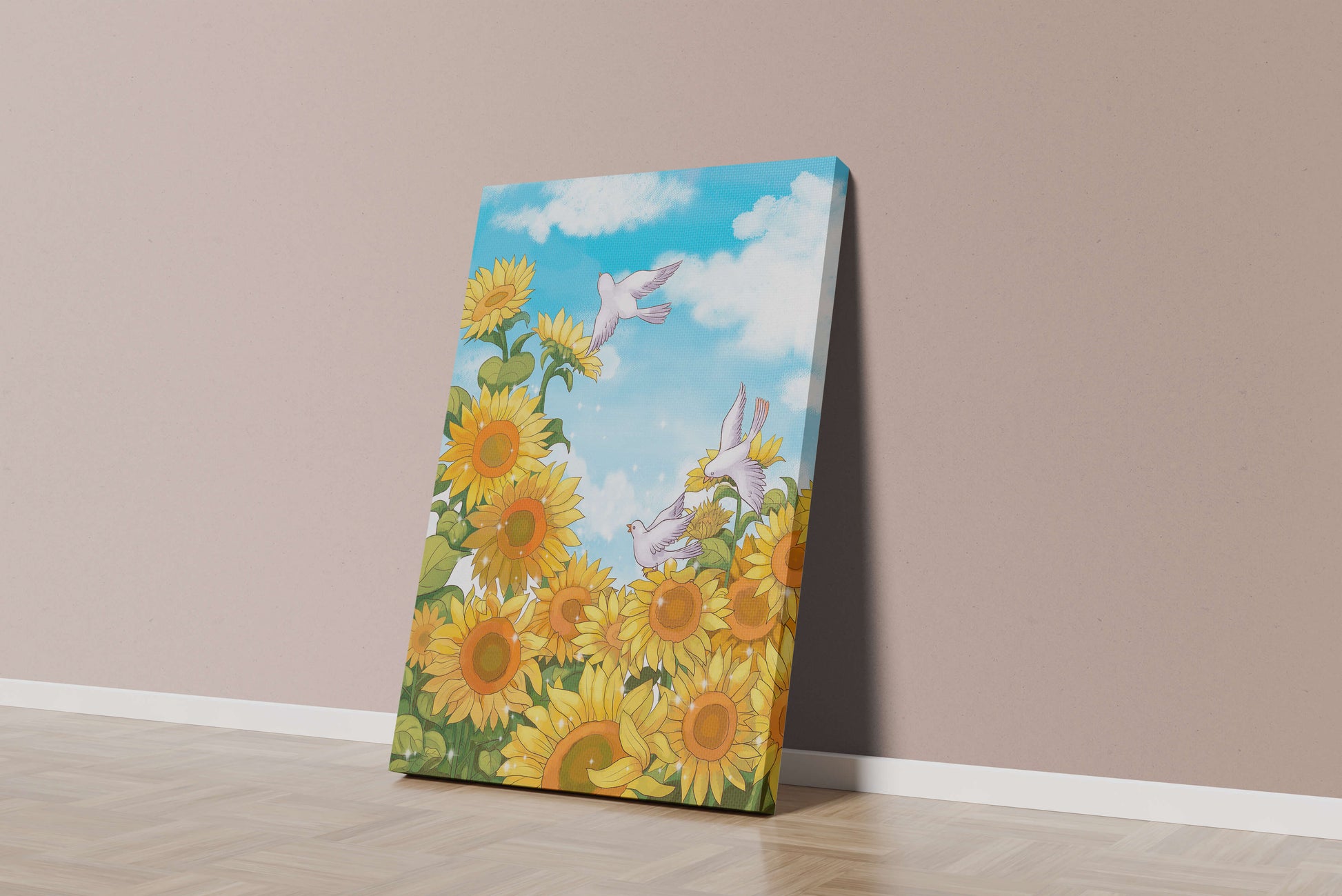 Friedliche Szene mit Sonnenblumen und Tauben unter einem strahlend blauen Himmel