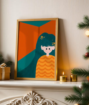 Colorful abstract illustration of a character with teal hair and orange background