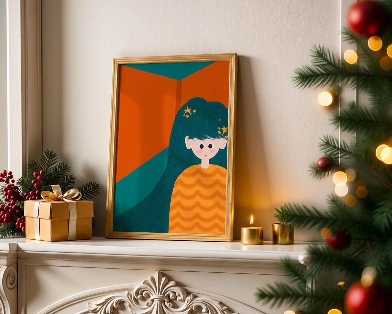 Colorful abstract illustration of a character with teal hair and orange background