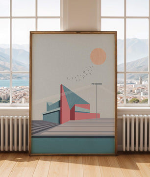 Ilustración arquitectónica moderna con diseño geométrico y atardecer