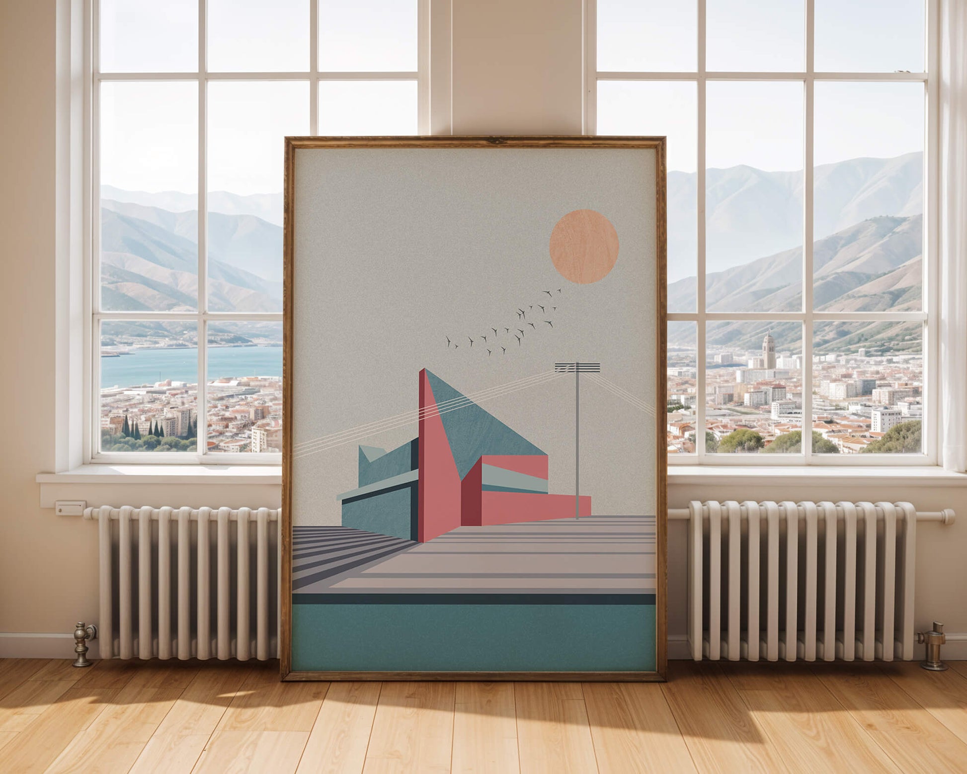 Ilustración arquitectónica moderna con diseño geométrico y atardecer