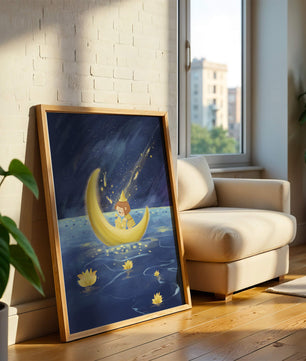 Voyage nocturne magique avec une fille dans un bateau-lune doré