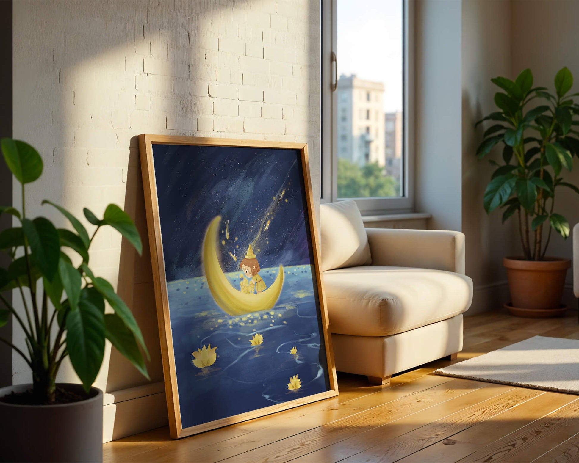 Magical Night Journey with Girl in Golden Moon Boat