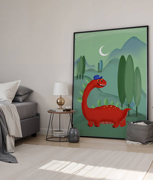 Whimsical red dinosaur in a serene nighttime forest