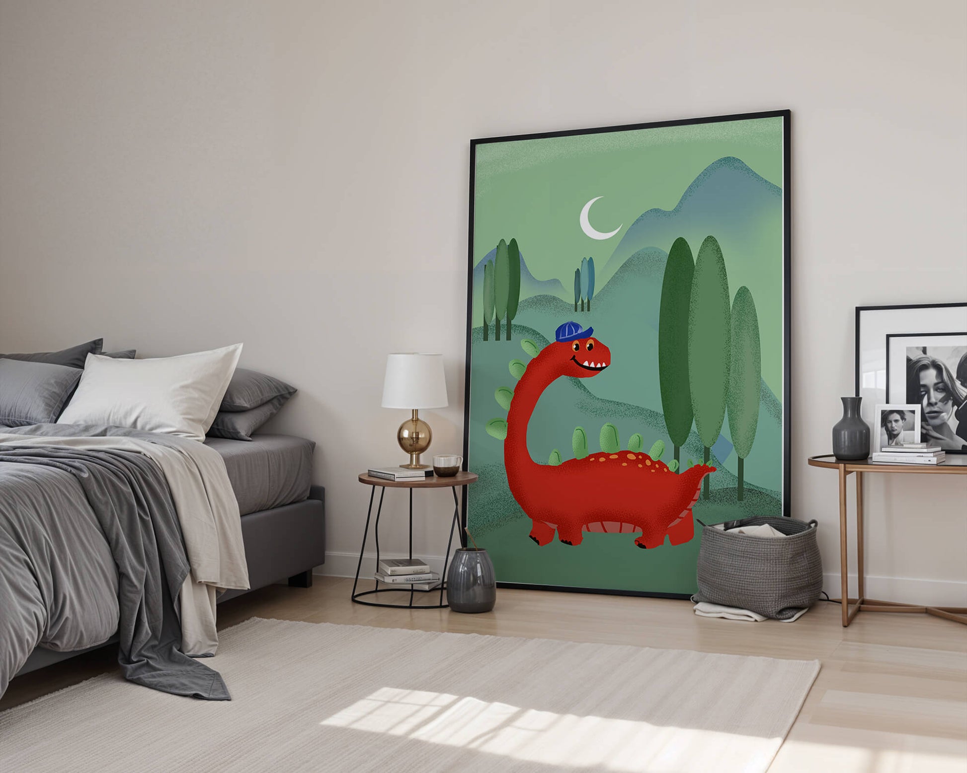 Whimsical red dinosaur in a serene nighttime forest