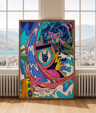 Vibrant abstract art with waves and neon elements