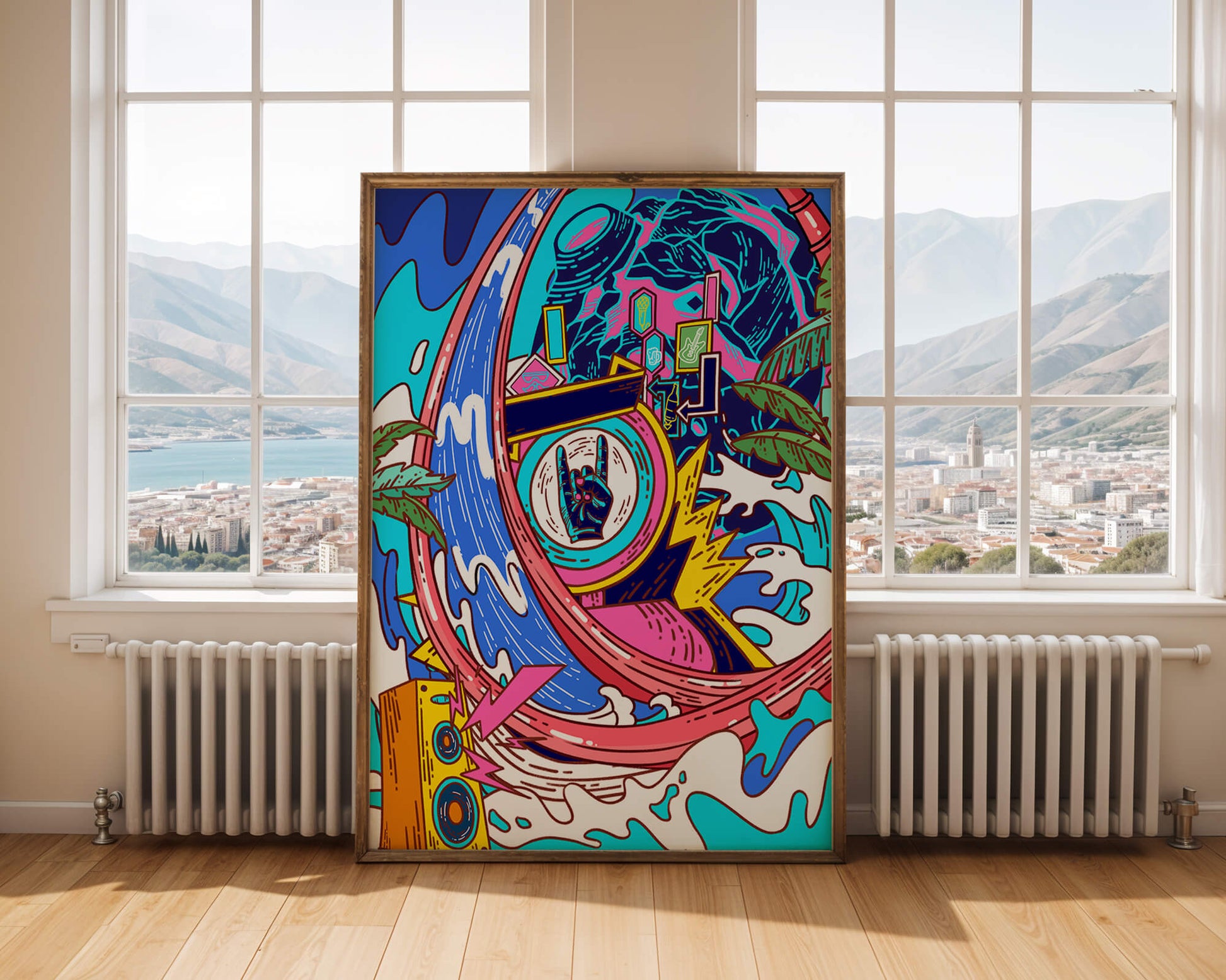 Vibrant abstract art with waves and neon elements