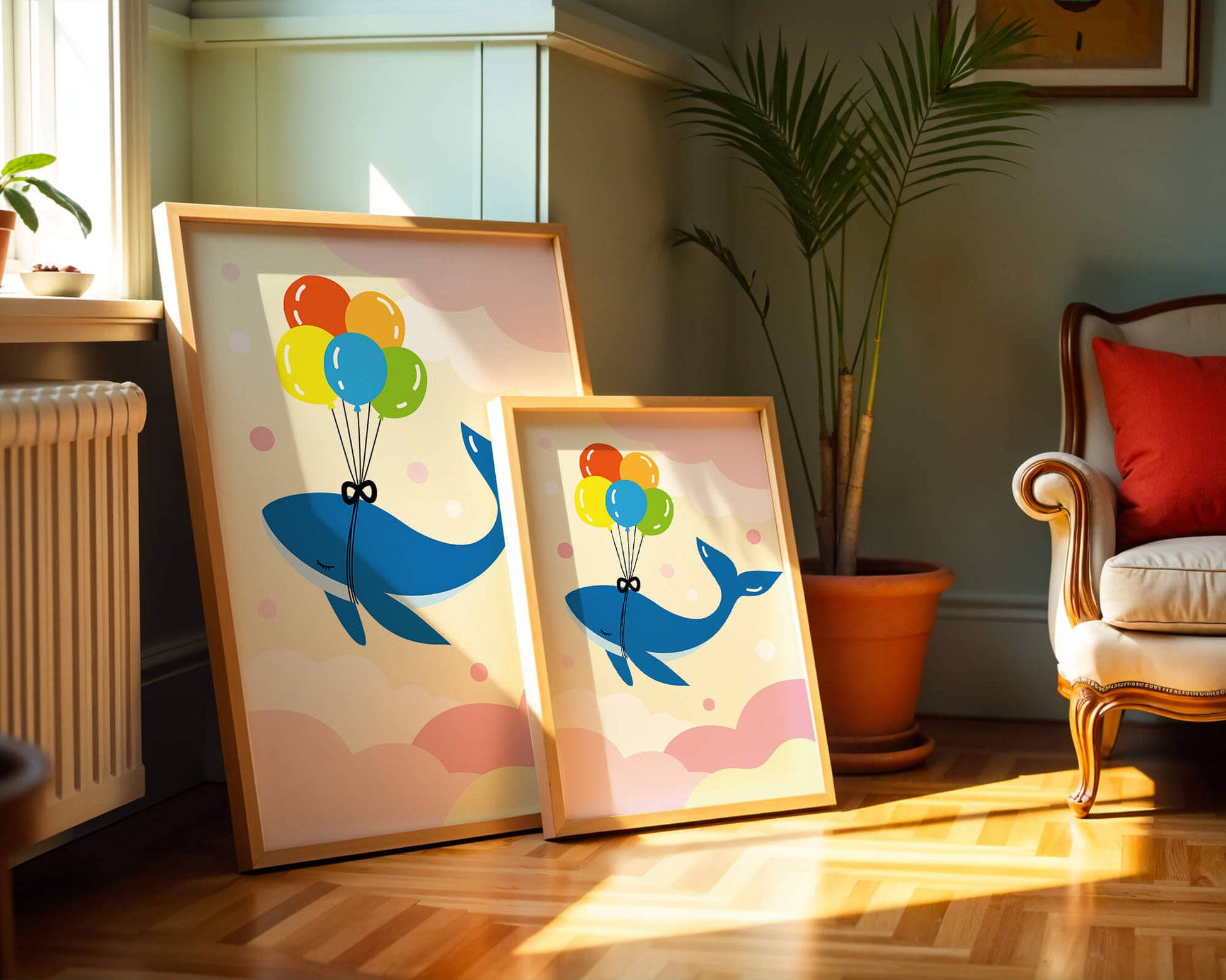 Skurriler Wal, der mit bunten Luftballons fliegt