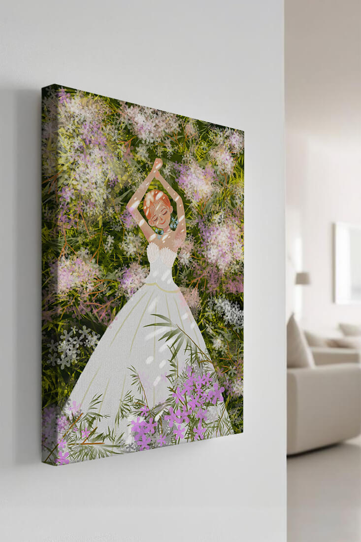 Woman in white dress lying among flowers in a garden