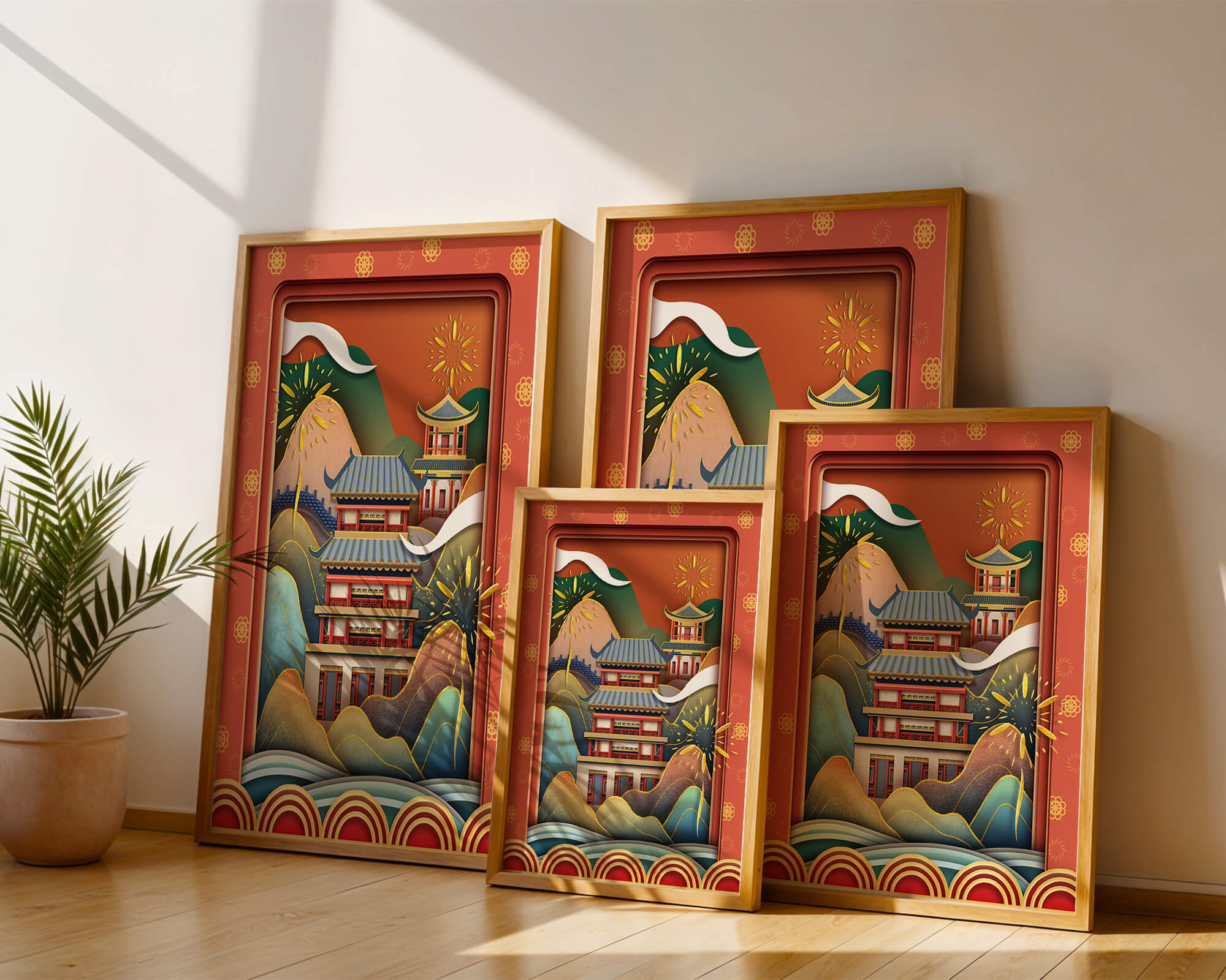 Traditional Asian architecture with fireworks and vibrant mountains