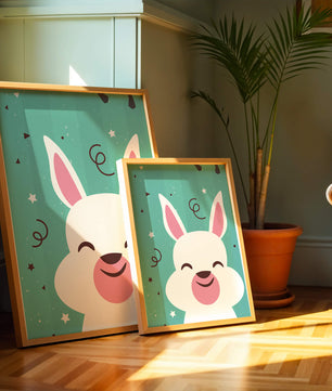 Adorable cartoon bunny on teal background with playful elements