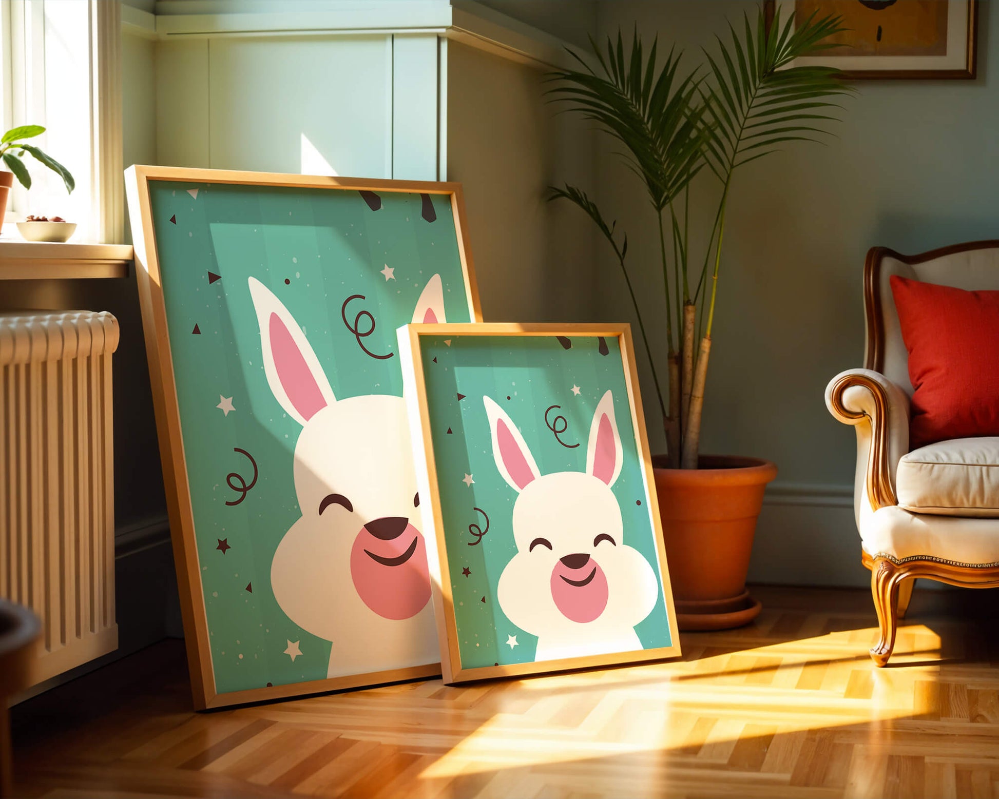 Adorable cartoon bunny on teal background with playful elements