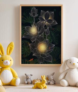 Lotus Flowers with Glowing Accents and Koi Fish Underwater