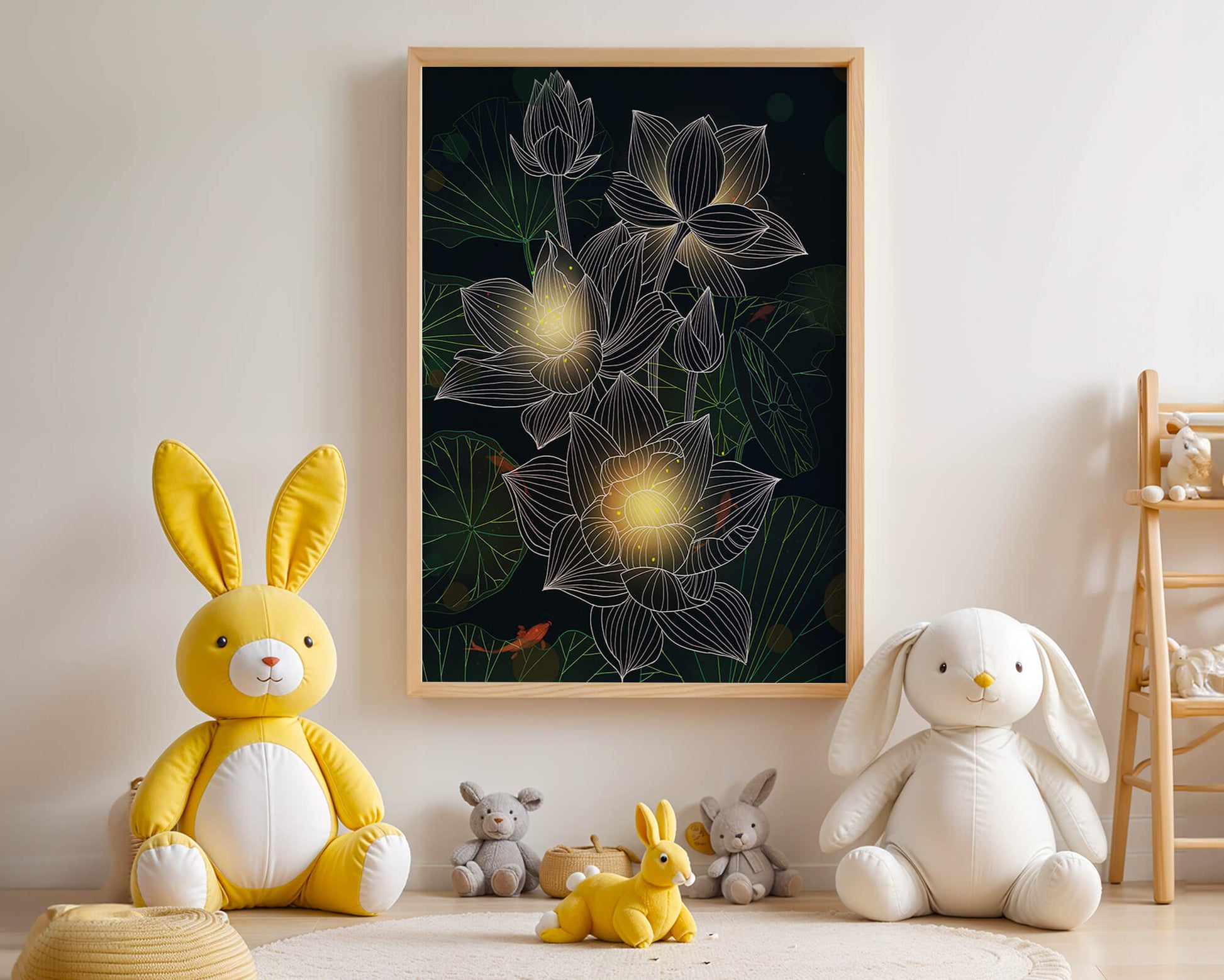 Flores de loto con detalles luminosos y peces koi bajo el agua