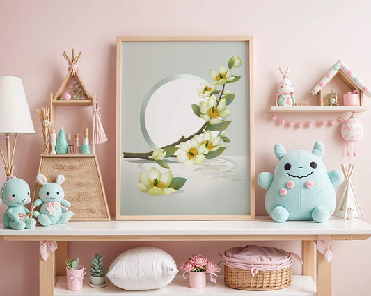 Delicate floral artwork with soft pastel magnolias