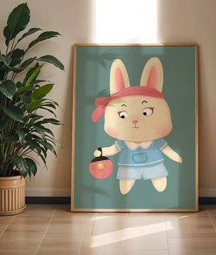 Illustration d'un lapin cartoon avec un bandeau et un sac rond