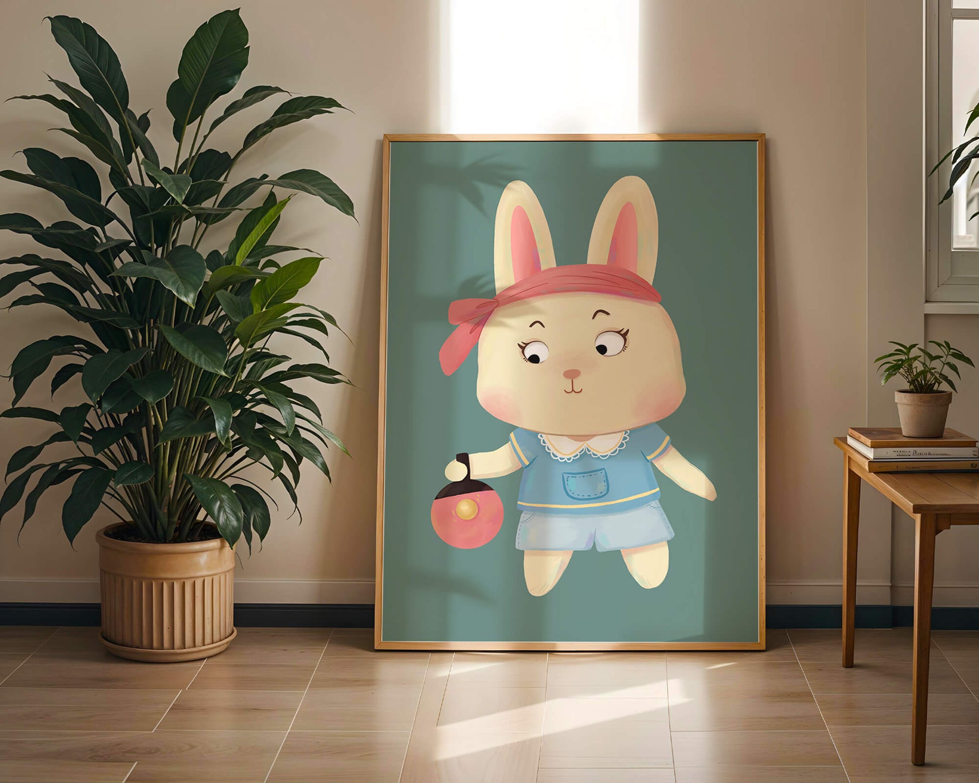Illustration d'un lapin cartoon avec un bandeau et un sac rond