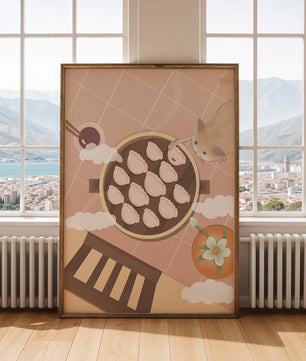 Gato alcanzando dumplings en una mesa con azulejos rosas y naranjas con palillos