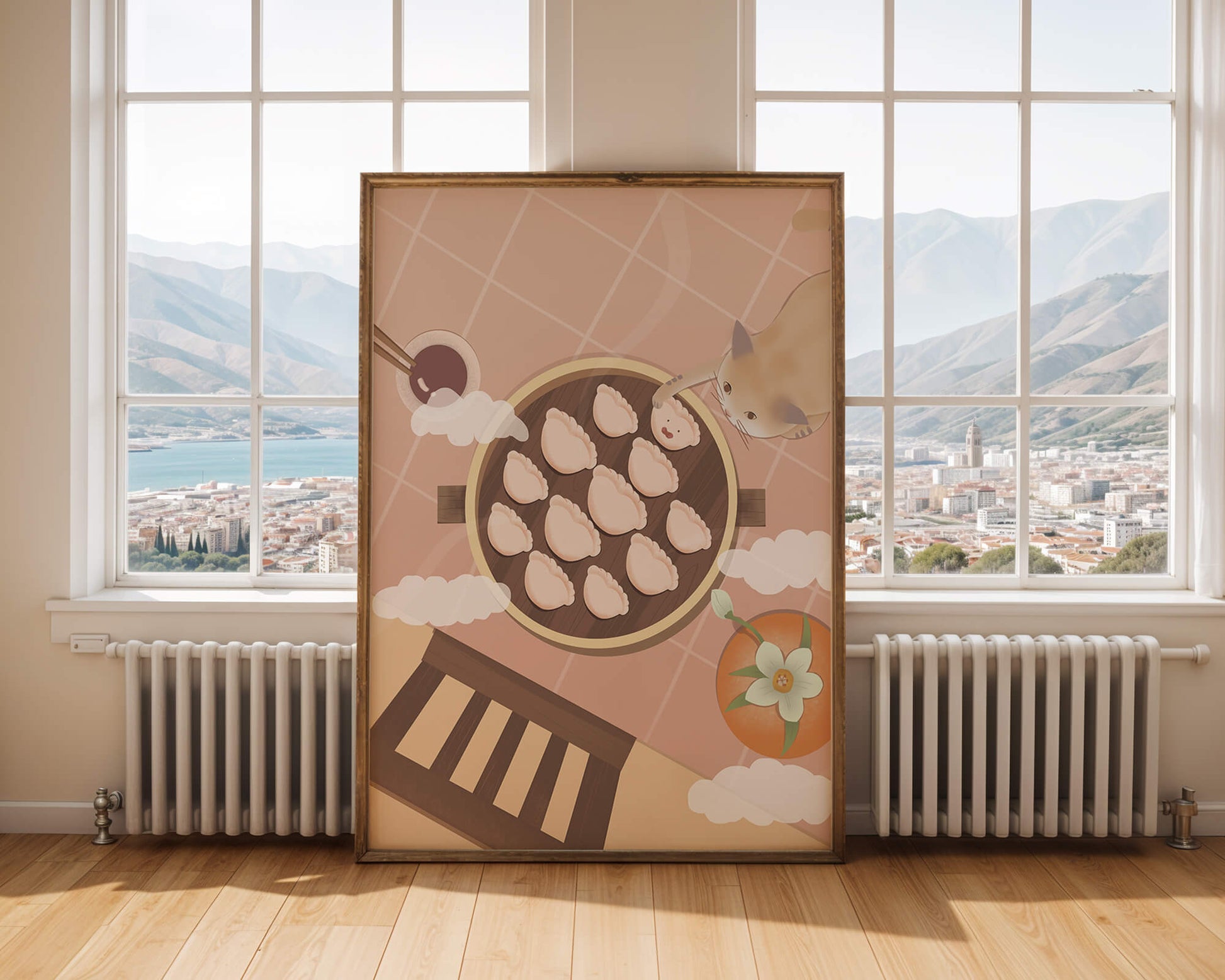 Gato alcanzando dumplings en una mesa con azulejos rosas y naranjas con palillos