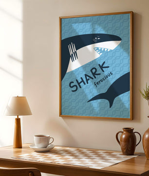 Gráfico de tiburón ilustrado con fondo azul y tipografía